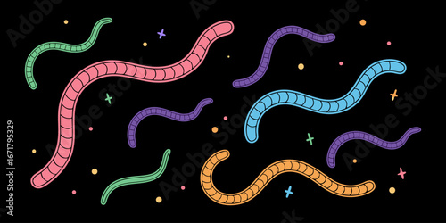 A collection of colorful, abstract, 3D squiggles and worm-like shapes scattered on a solid black background. Each shape is smooth and glossy with a soft gradient that transitions through bright neon c
