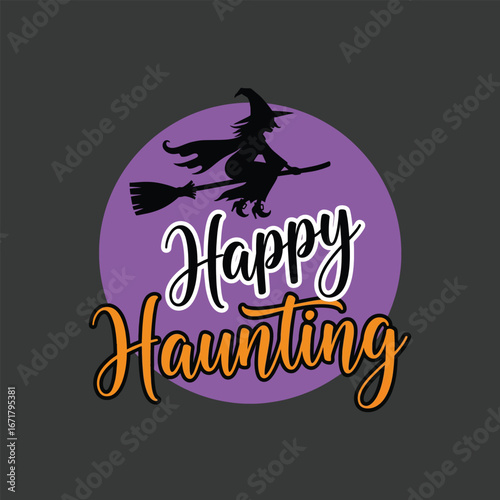 Vector art of happy haunting witch flying on broom