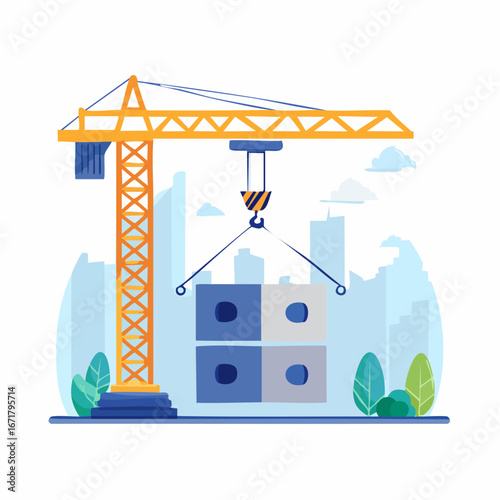 Crane lifting concrete blocks in urban construction site with city skyline in background, emphasizing progress and development.