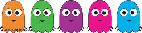 Five Colorful Cartoon Ghosts with Big Eyes and Friendly Smiles