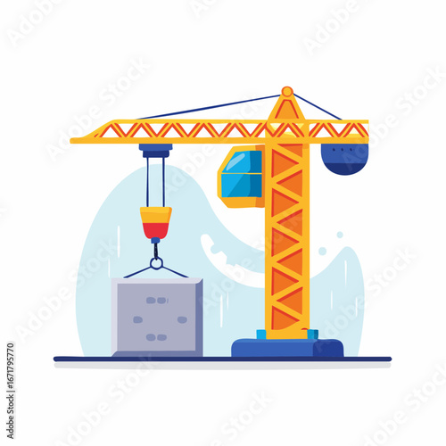 Construction crane lifting concrete block at building site under clear sky, showcasing industrial activity and engineering prowess.