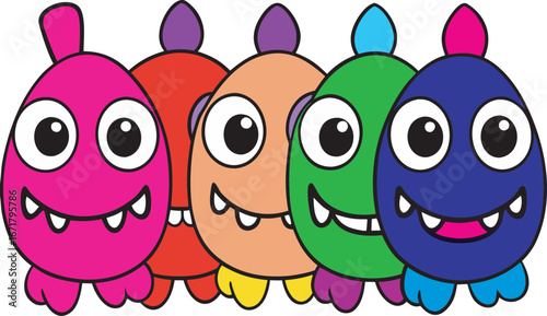 Five Colorful Cartoon Monsters with Big Eyes and Grinning Mouths