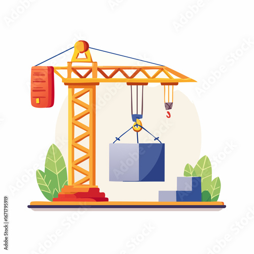 Yellow construction crane lifting a concrete block on a building site with green plants, symbolizing progress and development in a vibrant style.