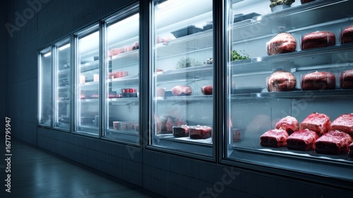 Refrigerated supermarket display filled with packaged red meat arranged neatly consumer product