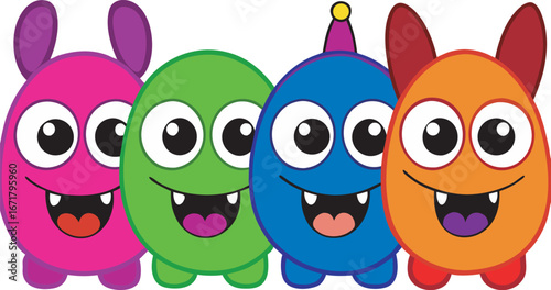 Four Colorful, Cute, Cartoon Monsters with Big Eyes and Grinning Mouths