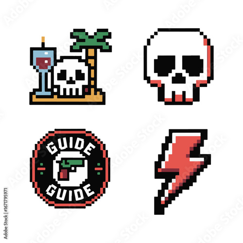 A set of retro pixel art icons for an 8-bit video game. A collection of a skull, guide badge, and lightning bolt symbols vector illustration.