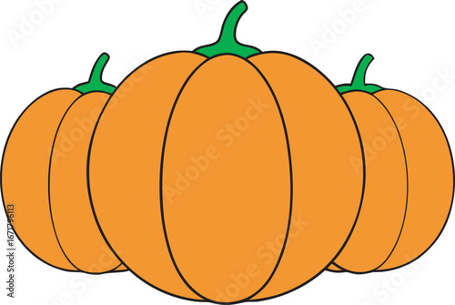 Three cartoon pumpkins with green stems on a white background, perfect for autumn themes