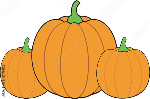 Three cartoon pumpkins, one large and two smaller, on a white background