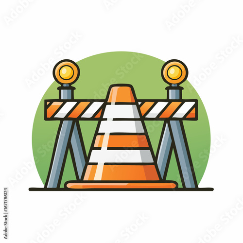 Orange traffic cone stands with barricades on road construction site, signaling detour and caution in a vibrant, safetyconscious scene.