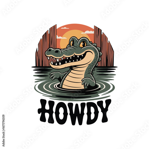 'Howdy' greeting with a cool cartoon alligator in a swamp at sunset. A friendly crocodile character for a fun southern vibe vector illustration.