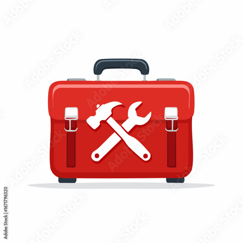 Red toolbox with crossed hammer and wrench sitting on white surface representing equipment and repair in a simple and clean style.