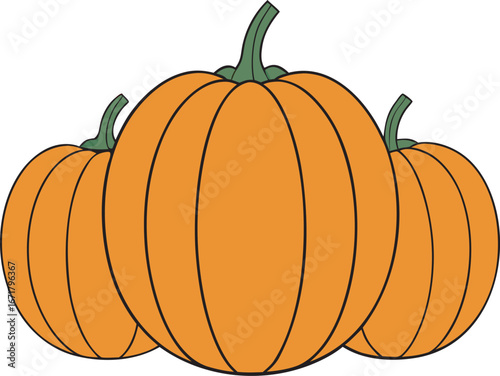 Three Orange Pumpkins with Green Stems on a White Background