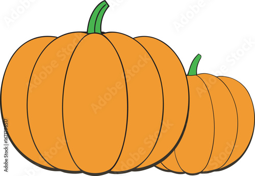 Two cartoon pumpkins with green stems on a white background, perfect for autumn themes