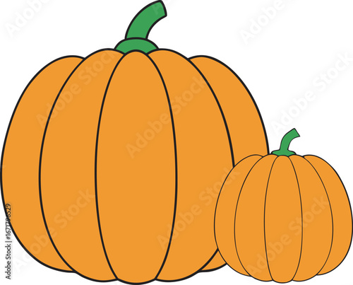 Two orange pumpkins with green stems, one large and one small, isolated on white
