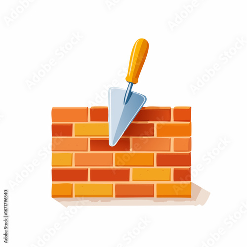 Trowel spreading mortar on brick wall during construction project, showcasing craftsmanship and building process with clean, simple style.