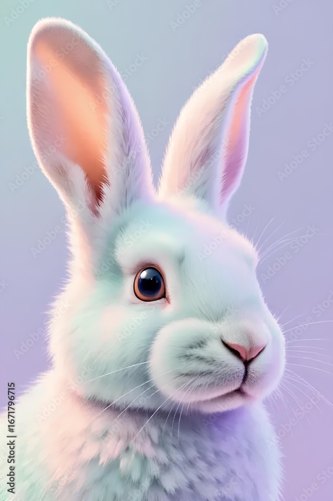 Obraz premium Close-up portrait of a cute white bunny with fluffy fur and glossy eyes, lit in soft pastel tones against a clean gradient background. Minimal, modern, and calming nursery art.