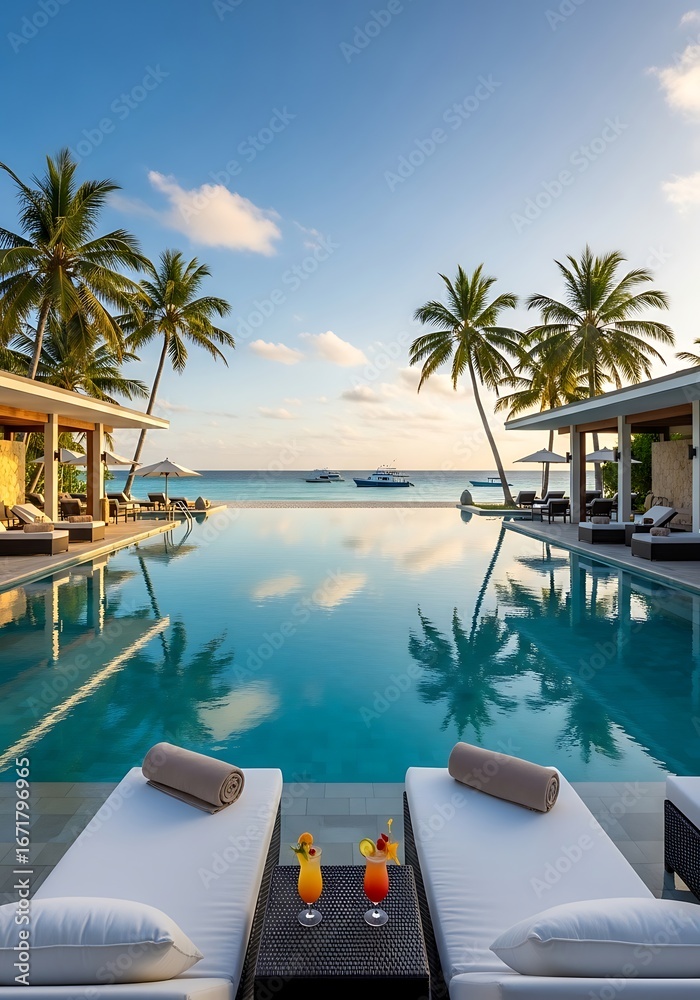 Obraz premium Idyllic tropical resort retreat with infinity pool reflecting sky and palm trees offering ultimate