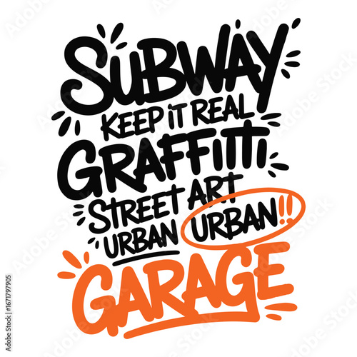Dynamic graffiti typography for urban streetwear. A cool and edgy street art design with 'Subway' and 'Garage' tags for t-shirts vector illustration.