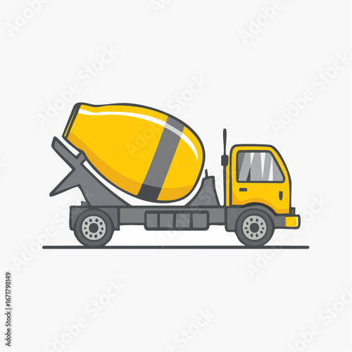 Yellow cement mixer truck delivering concrete to construction site on bright day, symbolizing industry and progress.