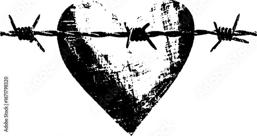 Grunge black and white heart with barbed wire design for edgy art projects