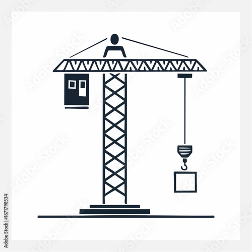 Construction crane lifting a concrete block on a construction site, showcasing industrial power and precision in monochrome simplicity.