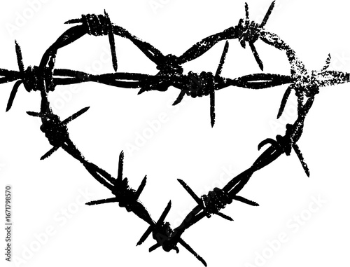 Grunge black and white barbed wire heart illustration - edgy valentines design