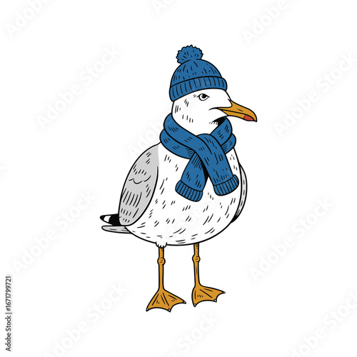 A charming cartoon seagull bundled up in a cozy blue winter beanie and scarf. A cute and funny seabird character ready for cold weather vector illustration.