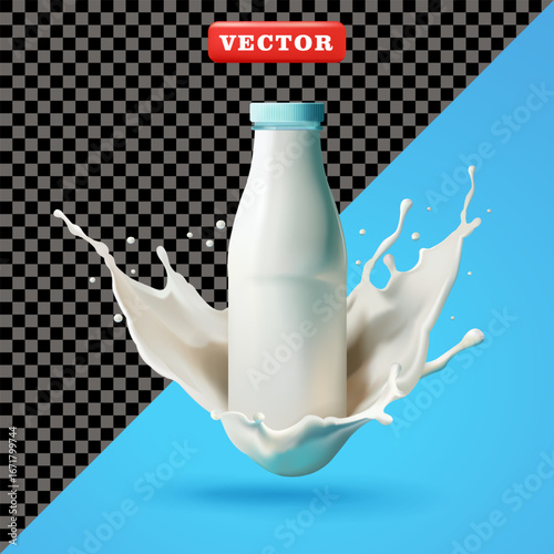 Milk bottle with milk splash, 3D vector. Suitable for health and business