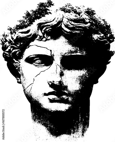 Grunge black and white illustration of shattered classical sculpture for urban art design