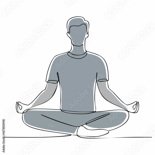 Meditating man sitting in lotus position practicing mindfulness and finding inner peace through yoga and relaxation, promoting wellness and serenity.