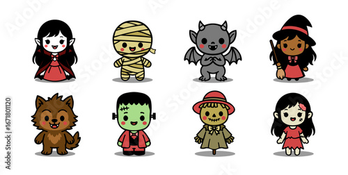 Cute Kawaii Halloween Monster Characters Vector Set (Easy to customize)