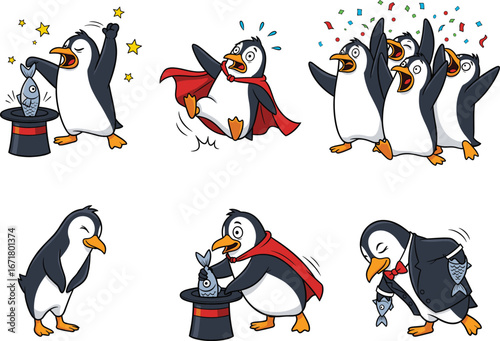 Cartoon penguins performing magic tricks, with capes, magician hats, fish, and surprise expressions, funny animal vector illustration for kids