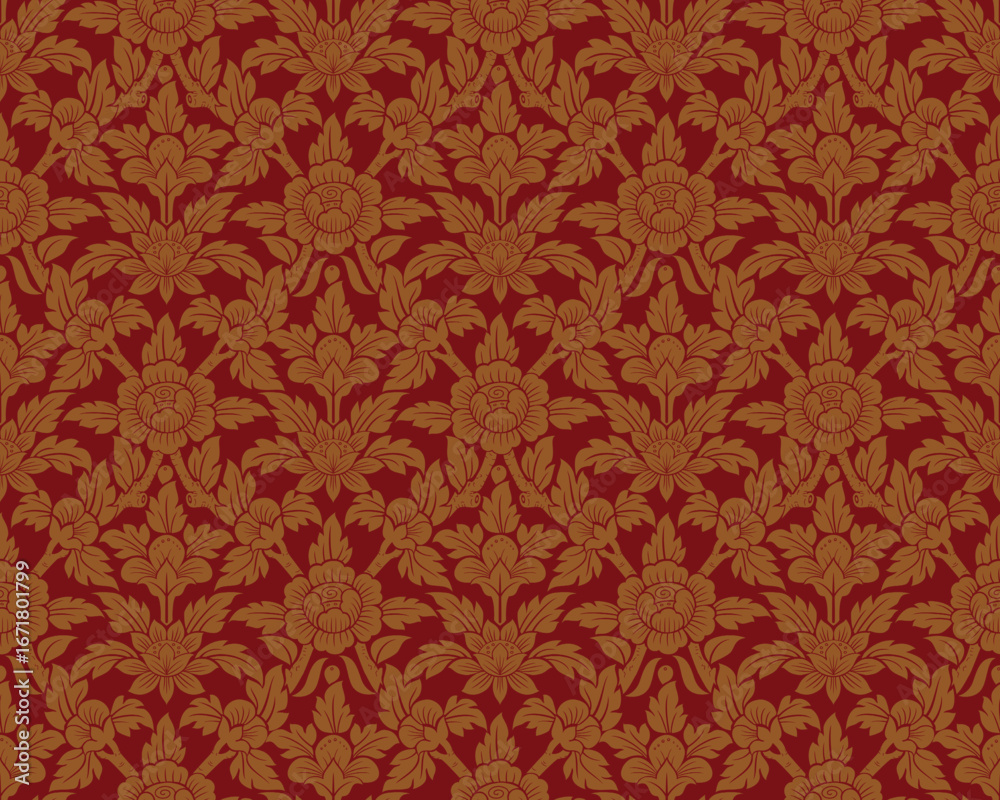 Fototapeta premium Traditional Thai art seamless floral damask pattern bold red colored motif suitable for wallpaper, cloth, textile, tile, blanket and fabric design isolated over dark red colored background.