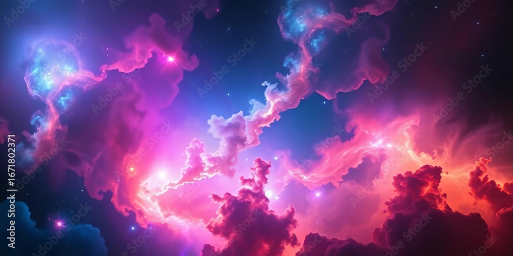 Obraz premium Cosmic dust clouds swirl in vibrant nebulae, stars ignite, color, supernova