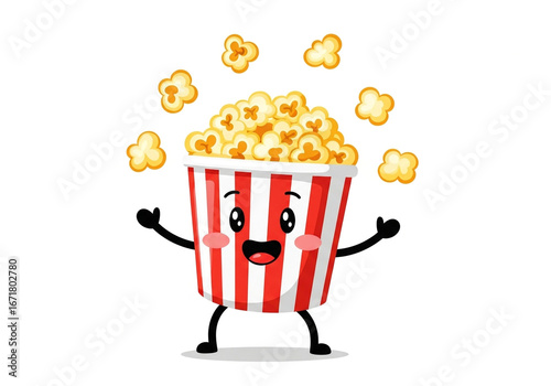 Happy cartoon popcorn bucket character juggling popcorn kernels fun entertainment snack