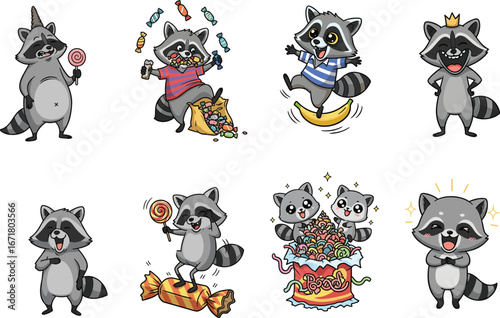 Cute cartoon raccoons with candy, celebrating, laughing, wearing crown, riding banana, eating sweets, colorful, joyful, adorable, fun, happy animals