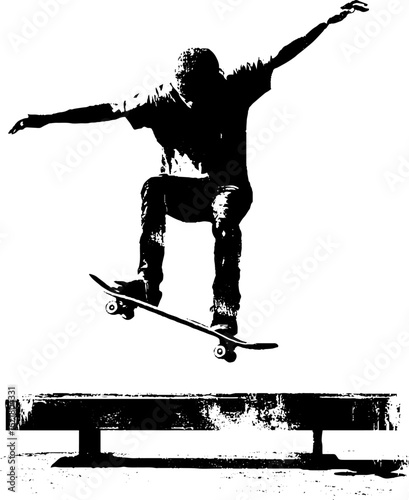Grunge black and white silhouette of skateboarder performing trick for urban design