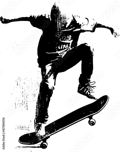 Grunge black and white skateboarder silhouette - urban art design for posters