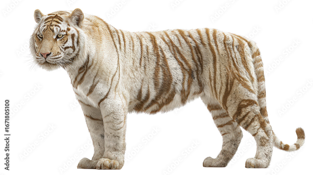 Obraz premium Regal tiger standing tall with soft shadow isolated on a Transparent background, PNG file.