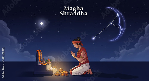 Magha Shraddha ritual being performed at night under the Magha Nakshatra constellation