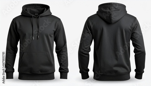 Blank black hoodie sweatshirt mockup for design presentation. Front and back view of isolated hooded sweater template on white background