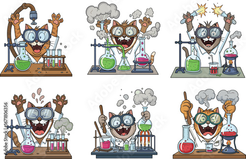 Funny cartoon cats doing science experiments, chemistry explosions, lab reactions, test tubes, beakers, goggles, feline scientists, comical laboratory chaos