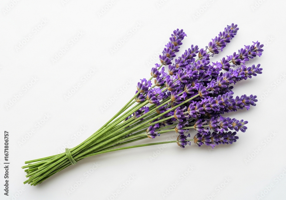 Naklejka premium Beautiful bunch of fresh purple lavender flowers tied with twine on a clean white surface