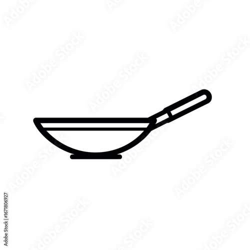 Illustration of a simple black outline of a wok with a handle on a plain white background scene view