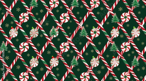 Christmas pattern with candy canes, peppermint swirls, and green fir trees on a dark green background