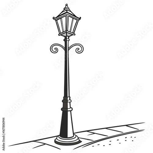 Elegant street lamp silhouette casting shadow on cobblestone path, evoking nostalgia and charm