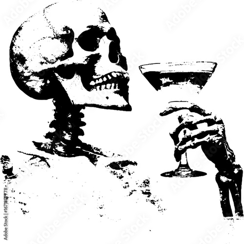 Grunge black and white skeleton holding drink illustration for halloween design