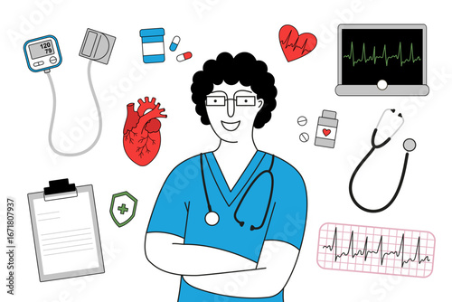 Vector illustration of a doctor with a stethoscope in close-up, surrounded by medical icons. Minimalist flat style, healthcare and cardiology concept, isolated on white background.
