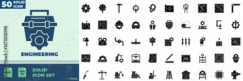 Engineering Solid editable icon set. manufacturing, construction, integration and more. Vector Icon
