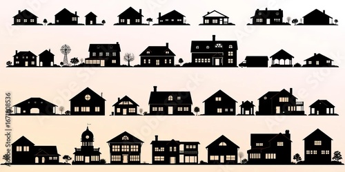 Collection of various house silhouettes against a plain background, showcasing diverse architectural styles,  skyline,  dwelling silhouette